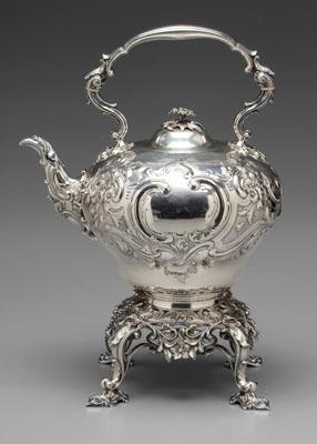 Appraisal: Silver plated kettle on stand floral finial scroll and floral