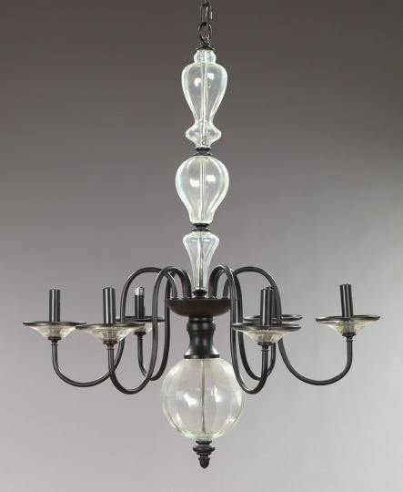 Appraisal: Large English Satin Black-Painted Wrought-Iron-Mounted Vertical Optic Rib Glass Six-Light