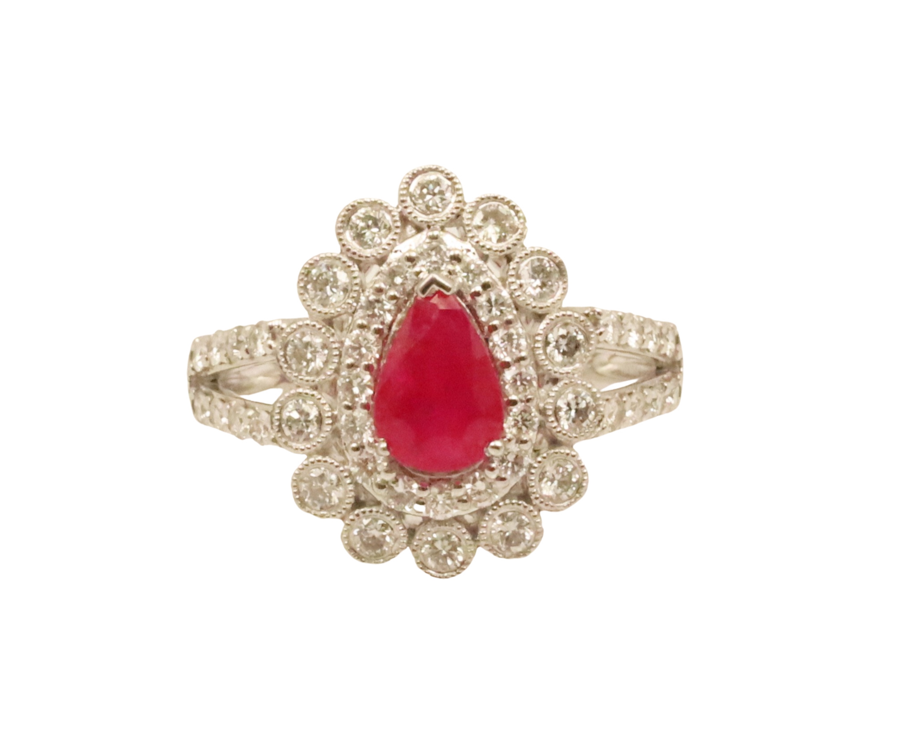 Appraisal: Platinum ruby and diamond lady''s ring having a center pear