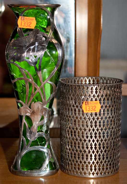 Appraisal: Silver overlay emerald glass vase and a reticulated silver glass