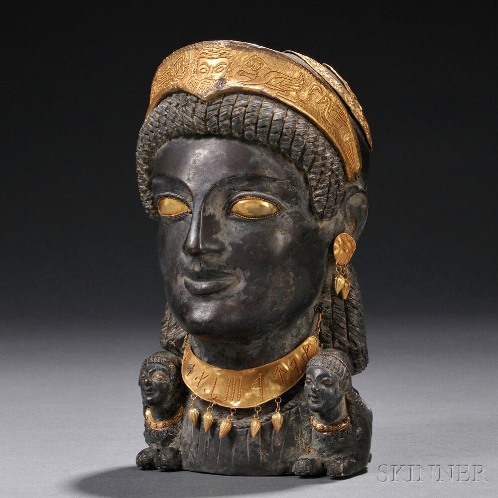 Appraisal: Etruscan-style Grand Tour Bronze Head with Gold Accents Italy th