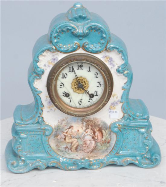 Appraisal: PORCELAIN MANTEL CLOCK Teal and white glaze with classical scene