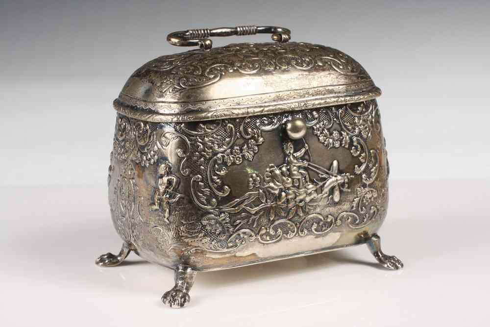 Appraisal: FRENCH STERLING TEA CADDY - th c French Repoussed Sterling