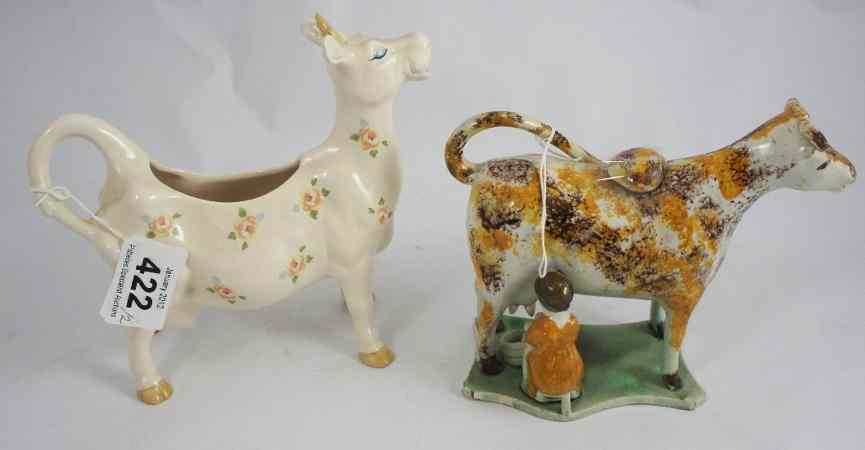 Appraisal: th Century Prattware Cow Creamer Spatter Painted in various Brown