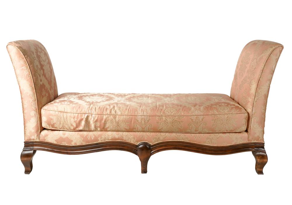 Appraisal: PROVINCIAL-STYLE UPHOLSTERED BENCHcovered with pink silk damask fabric inches wide