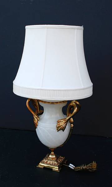 Appraisal: A Neoclassical style alabaster gilt brass mounted two-handled urn form