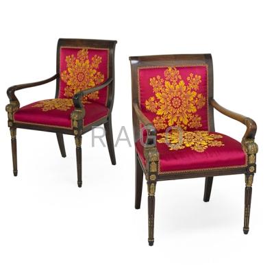 Appraisal: PAIR OF EMPIRE STYLE OPEN ARM CHAIRS Walnut frames with