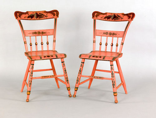 Appraisal: Pair of Pennsylvania painted plank seat chairs th c each