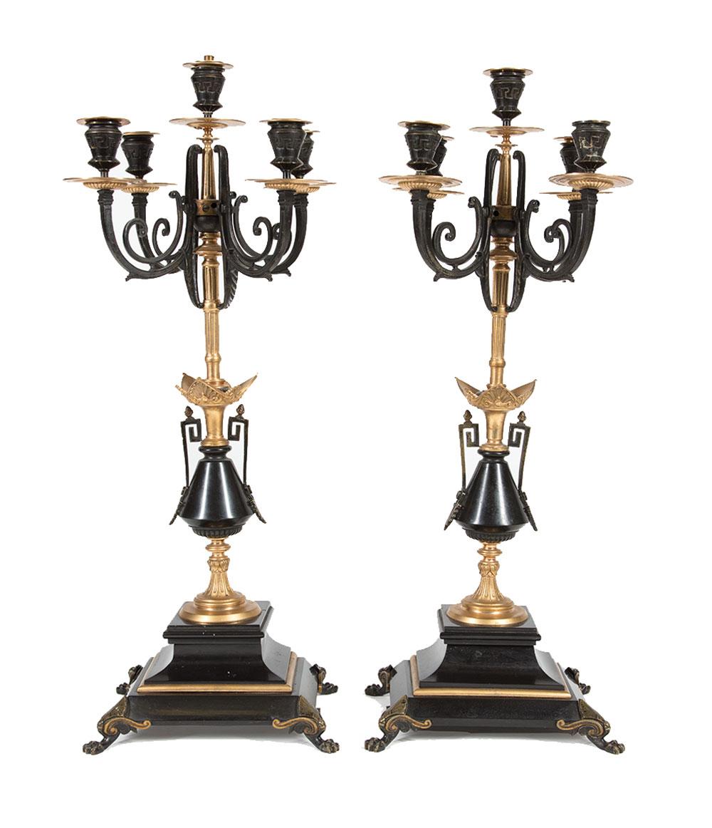 Appraisal: Pair of Neo-Grec Gilt and Patinated Bronze Five-Light Candelabra scrolled