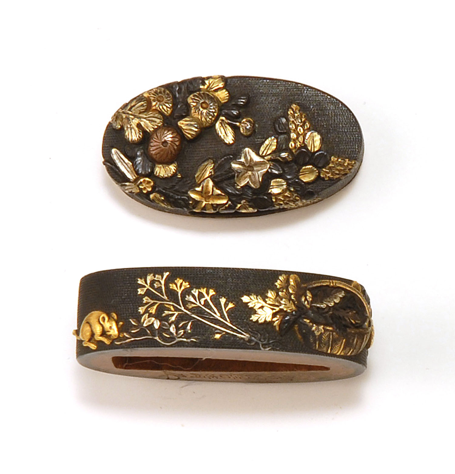 Appraisal: PAIR OF INLAID SENTOKU FUCHI KASHIRA th CenturyBy Miyata Nobukiyo