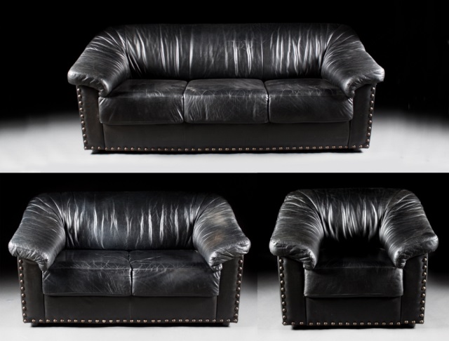 Appraisal: Contemporary -piece upholstered living room suite black brass-studded upholstery comprising