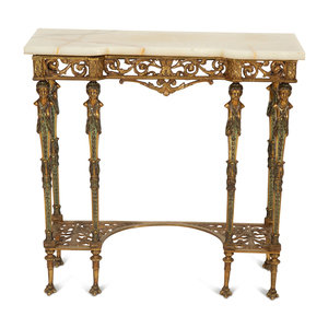 Appraisal: A Continental Gilt Metal Onyx Top Small Console Table th