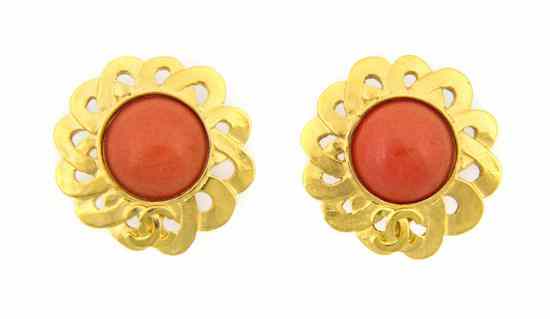 Appraisal: A Pair of Chanel Goldtone and Coral Earclips Spring round