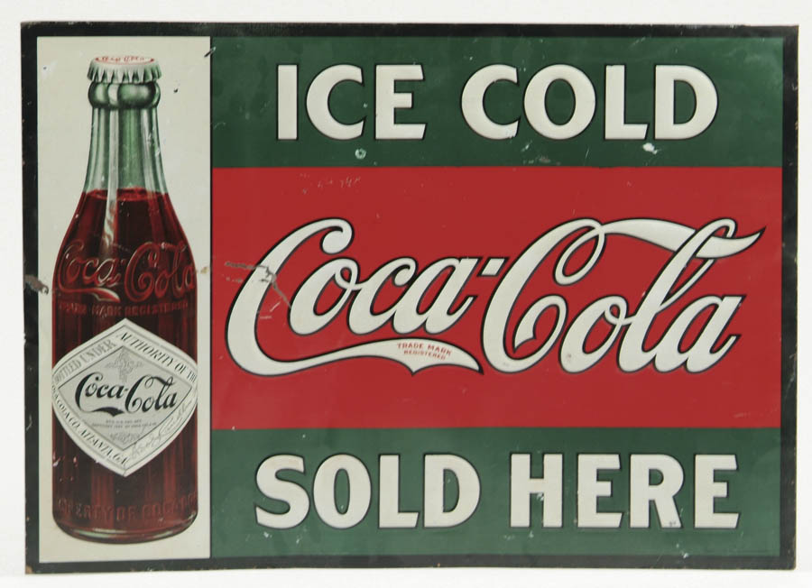 Appraisal: COCA-COLA TIN SIGN Embossed tin sign featuring the straight-sided bottle