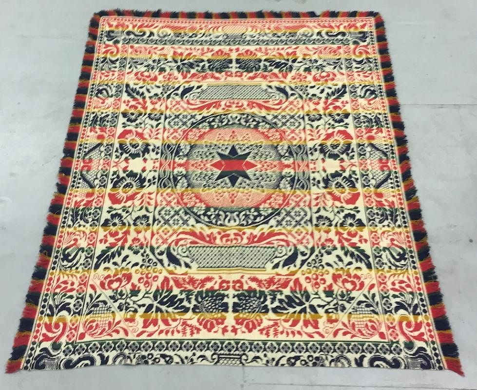 Appraisal: Colorful Jacquard Coverlet with Center Star Colorful jacquard coverlet with