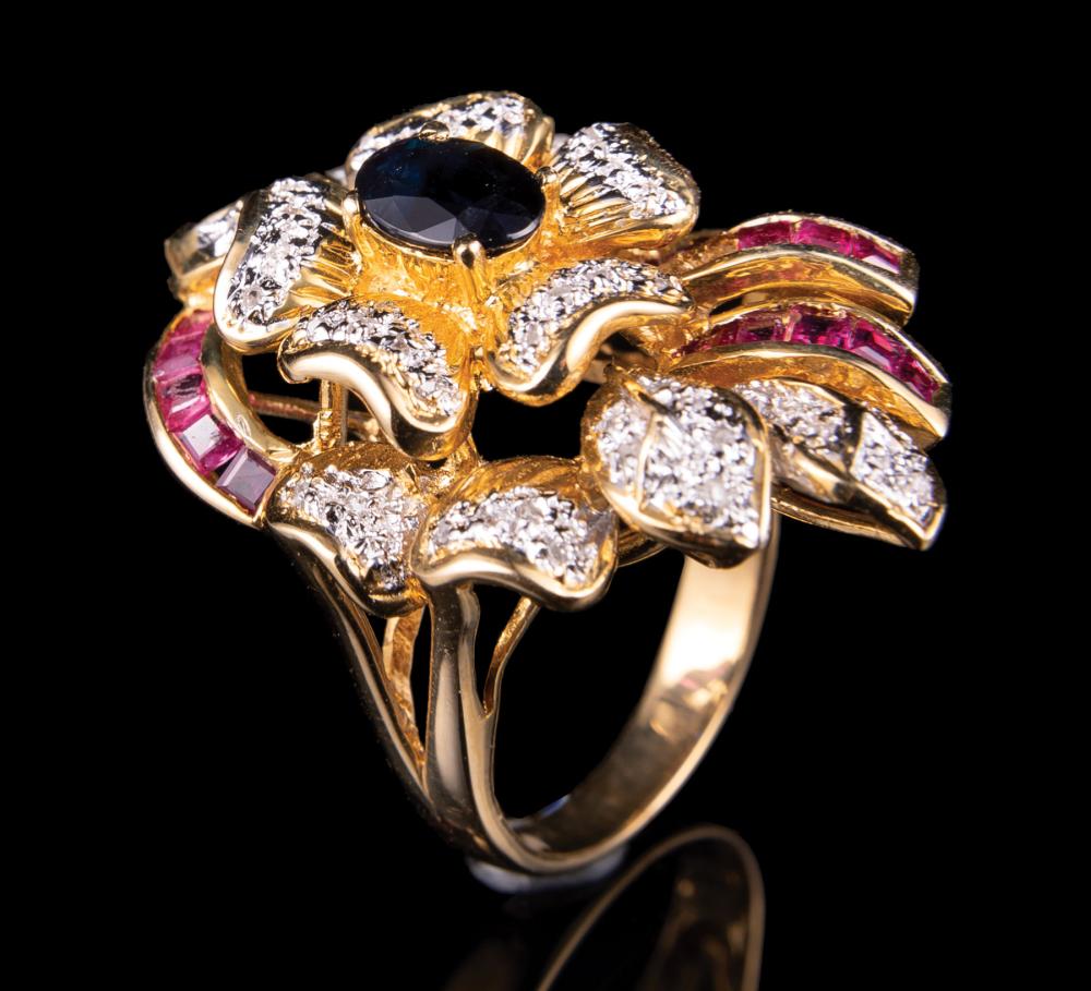 Appraisal: kt Yellow Gold Baguette Ruby Faceted Oval Sapphire and Diamond