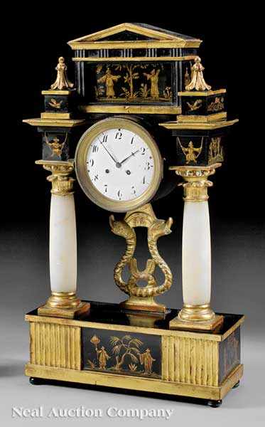 Appraisal: A Neoclassical Chinoiserie Lacquered Gilt and Alabaster Mantel Clock c