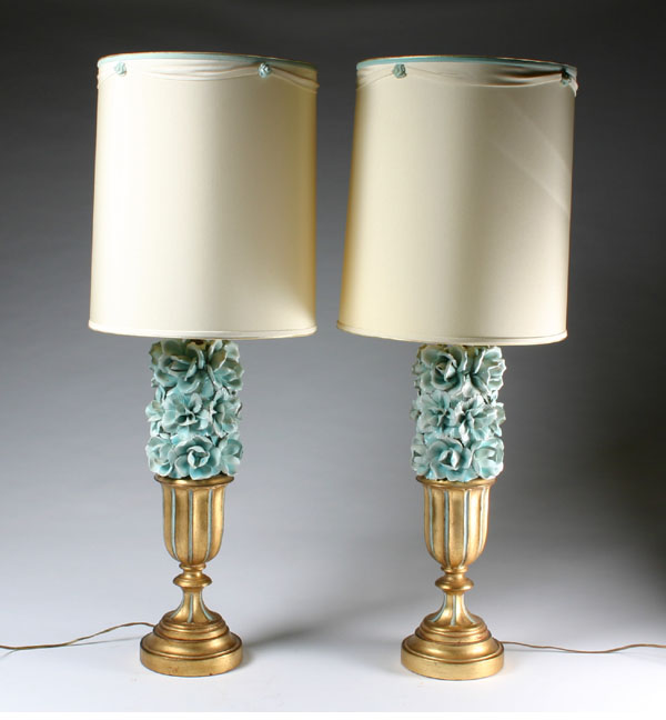 Appraisal: Pair ceramic lamps with floral filled urns moulded leaves Overall