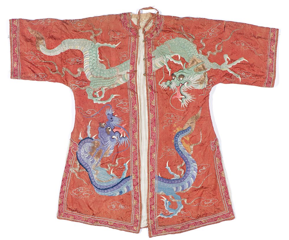 Appraisal: Antique Chinese Dragon Embroidered Silk Robe Antique Chinese Orange Dragon