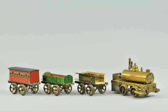 Appraisal: a VULKAN STEAM POWERED ERNST PLANK TRAIN SET Brass locomotive