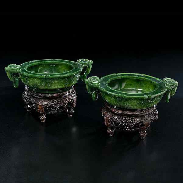 Appraisal: Spinach Jadeite Chinese Bowls Chinese executed in an th century