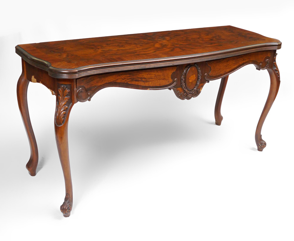 Appraisal: FLIP TOP CARVED INLAID HALL TABLE Mahogany veneer top slides