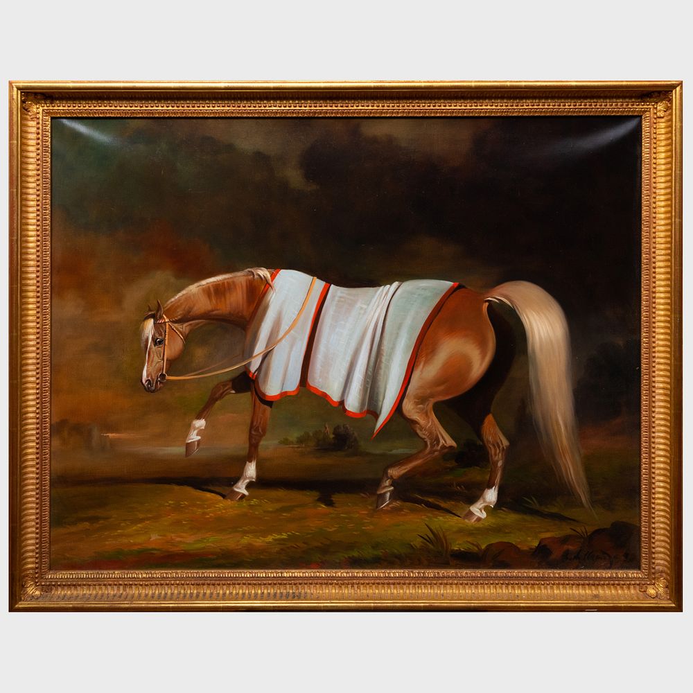 Appraisal: Bernard de Claviere - Brown Stallion Oil on canvas signed