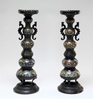 Appraisal: PR Chinese Archaic Bronze Champleve Candlesticks CHINA EARLY TH CENTURY