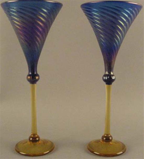 Appraisal: Pair Wine Glasses with gold base and iridescent swirl top