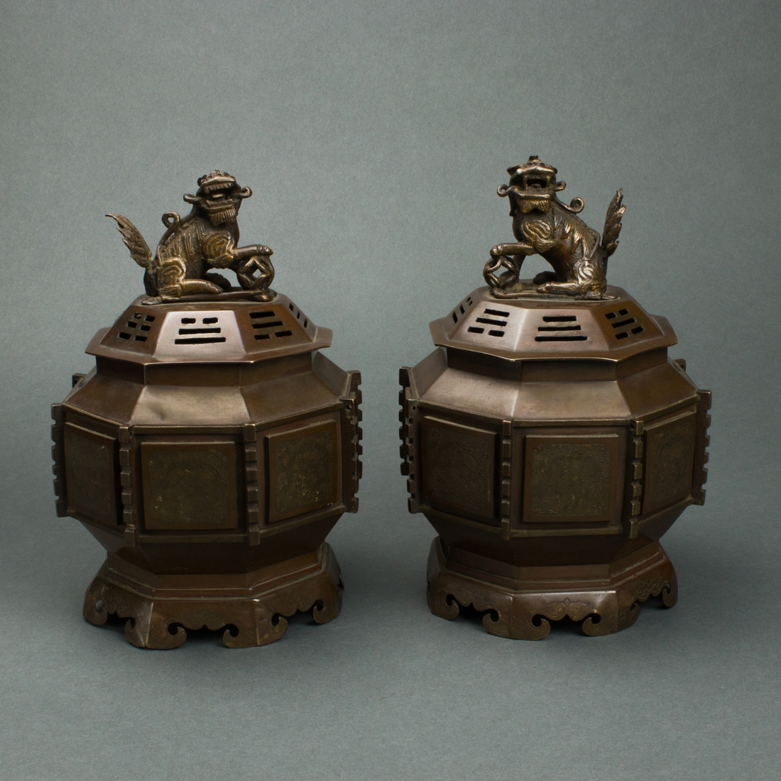 Appraisal: PAIR OF JAPANESE BRONZE OCTAGON COVER CENSERS Pair of Japanese