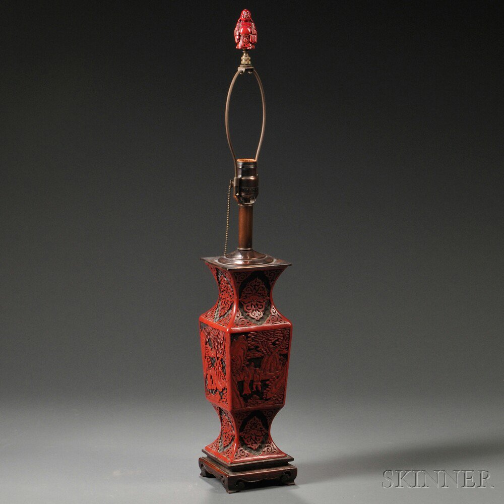 Appraisal: Faux Cinnabar Vase Mounted as a Lamp China square gu