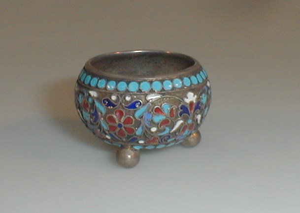 Appraisal: A Russian silver-gilt and champleve enamel circular salt on ball