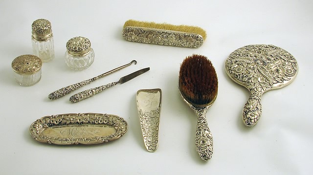 Appraisal: Primarily by S Kirk Son consisting of hand mirror hairbrush