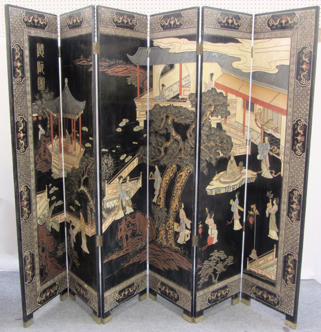 Appraisal: An early th century Chinese ebonised six fold draft screen