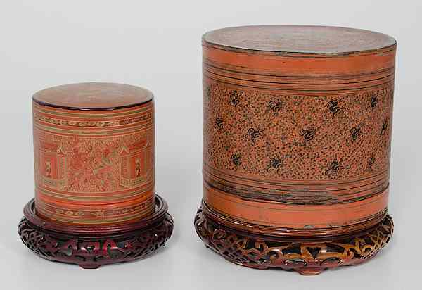 Appraisal: Lacquer Boxes China Two cylindrical lidded lacquer boxes the smaller