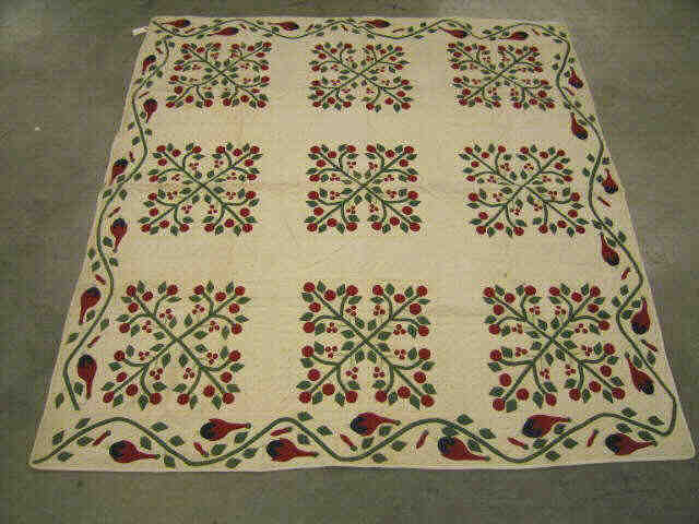 Appraisal: Antique Applique Quilt red green berry fruit vine x