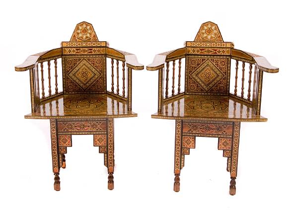 Appraisal: A set of four Moorish style geometric inlaid armchairs height