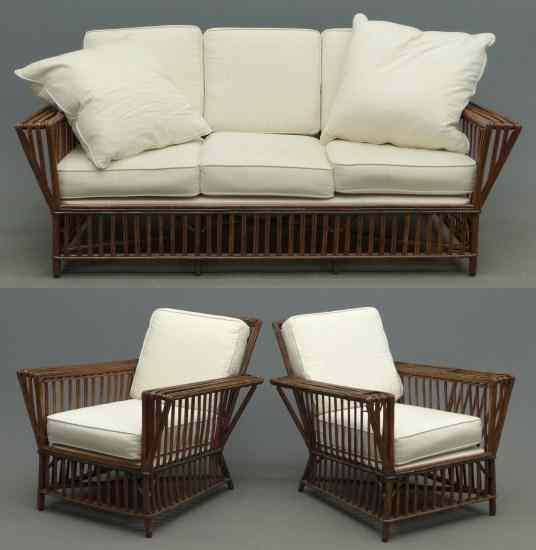 Appraisal: Vintage three piece rattan set with cushions Includes two chairs