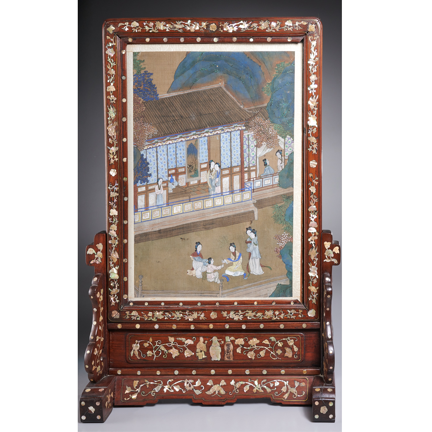 Appraisal: CHINESE INLAID HARDWOOD TABLE SCREEN Qing Dynasty th c painting