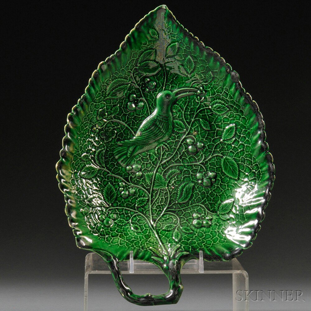 Appraisal: Staffordshire Cream-colored Earthenware Leaf-shaped Dish England c green glaze to