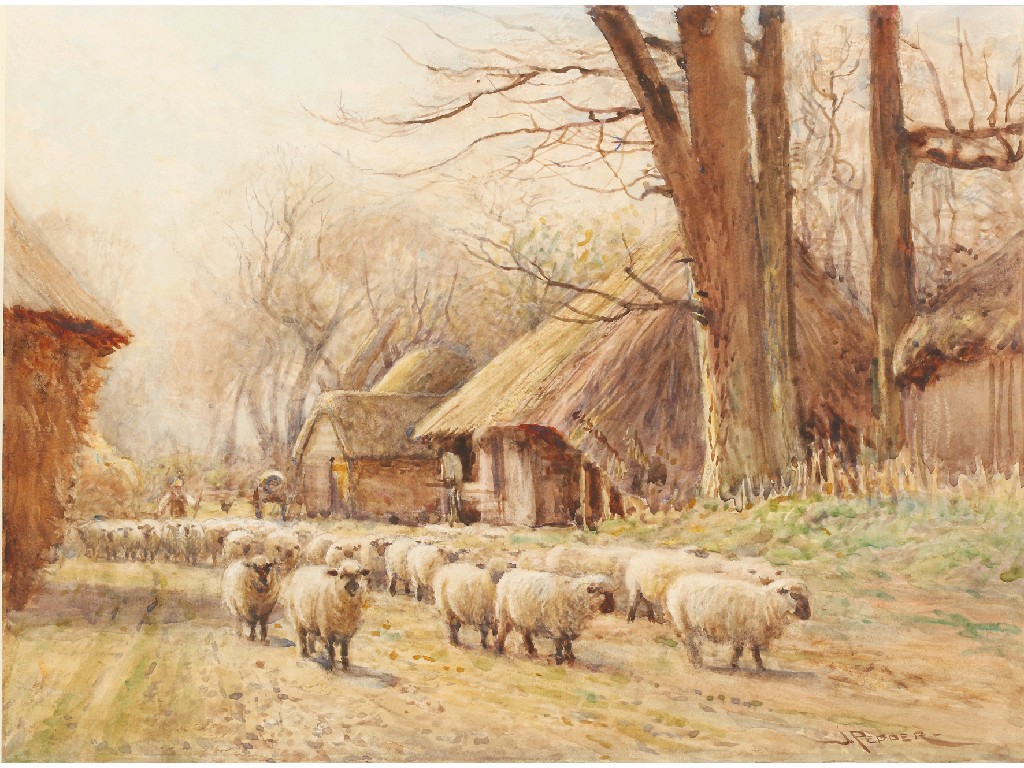 Appraisal: JOHN PEDDER Sheep being driven through a farmyard signed watercolour