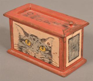 Appraisal: Antique Painted Wood Trick Box Cat head panels Marked on