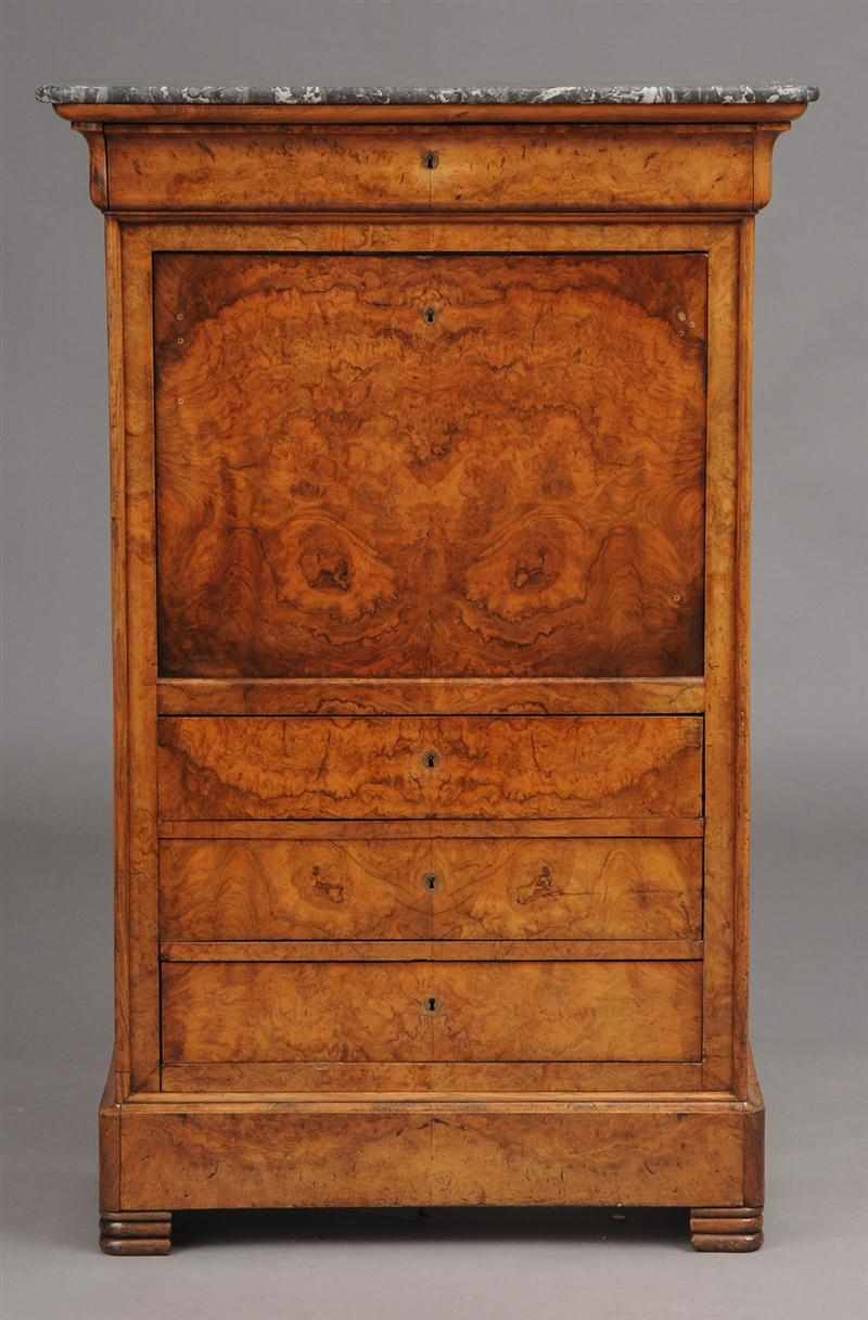 Appraisal: LOUIS PHILIPPE FIGURED WALNUT SECRETAIRE ABATTANT The veined grey marble