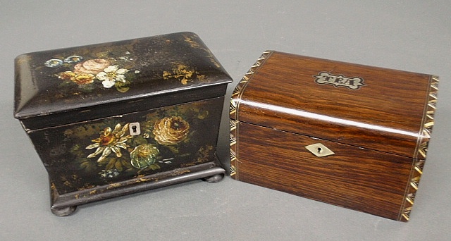 Appraisal: - Victorian black and floral painted tea caddy h x