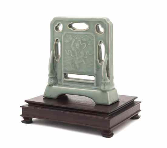 Appraisal: A Chinese Celadon-Glazed Table Screen having rectangular central panel with