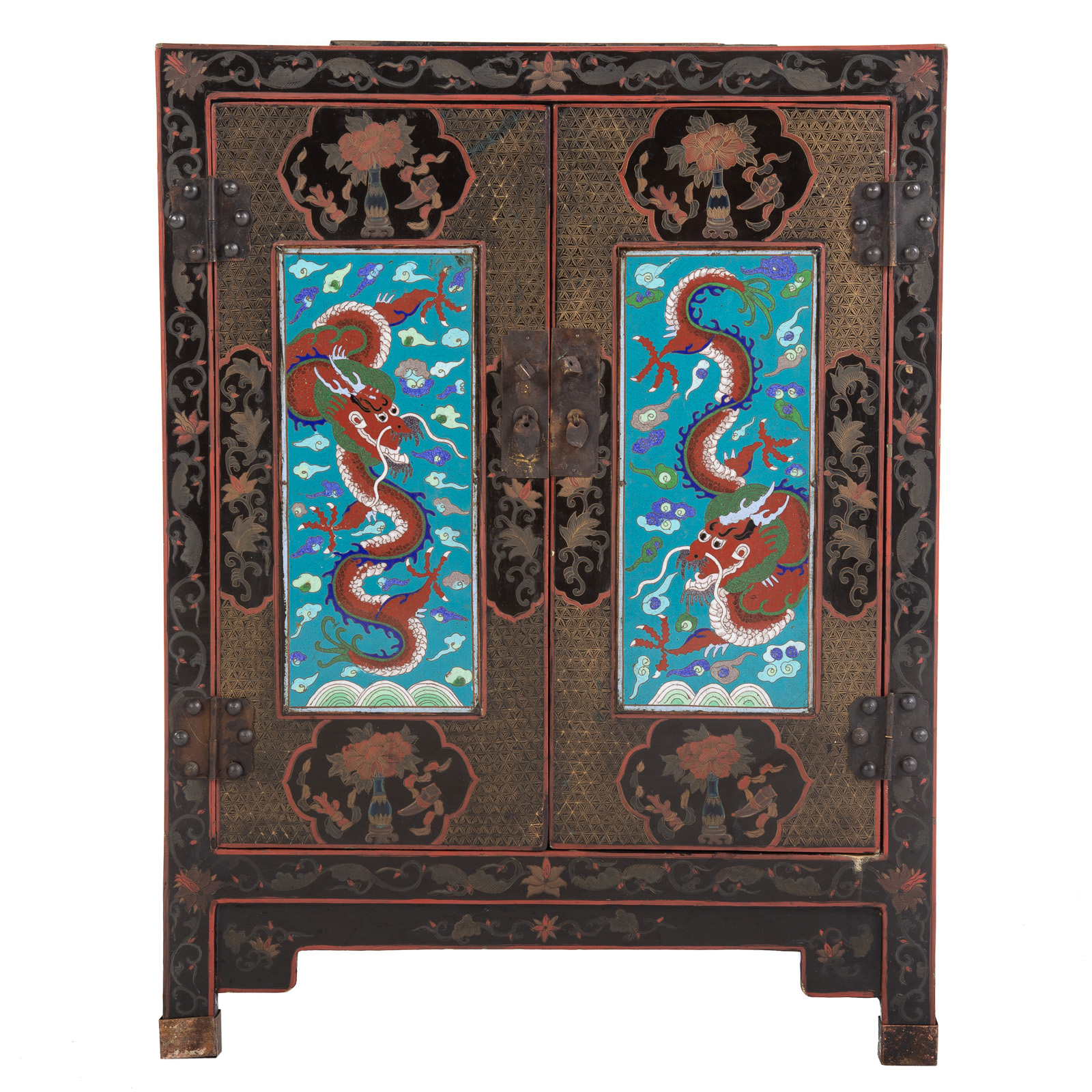 Appraisal: ASIAN CLOISONNE LACQUERED CABINET Early th century two-door lacquer cabinet