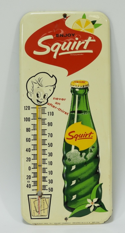 Appraisal: SQUIRT SODA EMBOSSED ADVERTISING THERMOMETER United States Circa Embossed tin