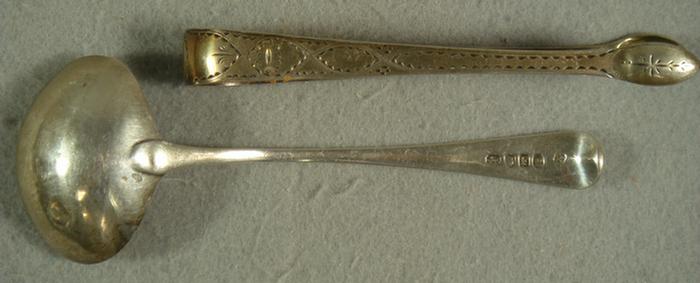 Appraisal: English Georgian silver ladle London English Georgian engraved sugar tongs