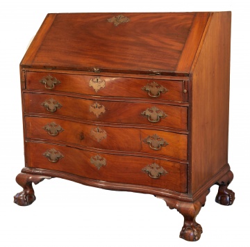 Appraisal: FINE RARE CHIPPENDALE FIGURED MAHOGANY SERPENTINE AND BLOCKED-END SLANT-FRONT DESK