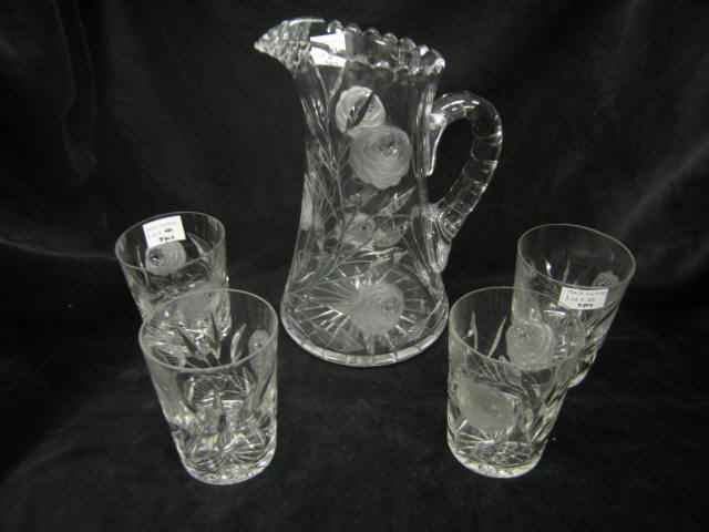 Appraisal: Cut Glass Water Set pitcher tumblers floral decor